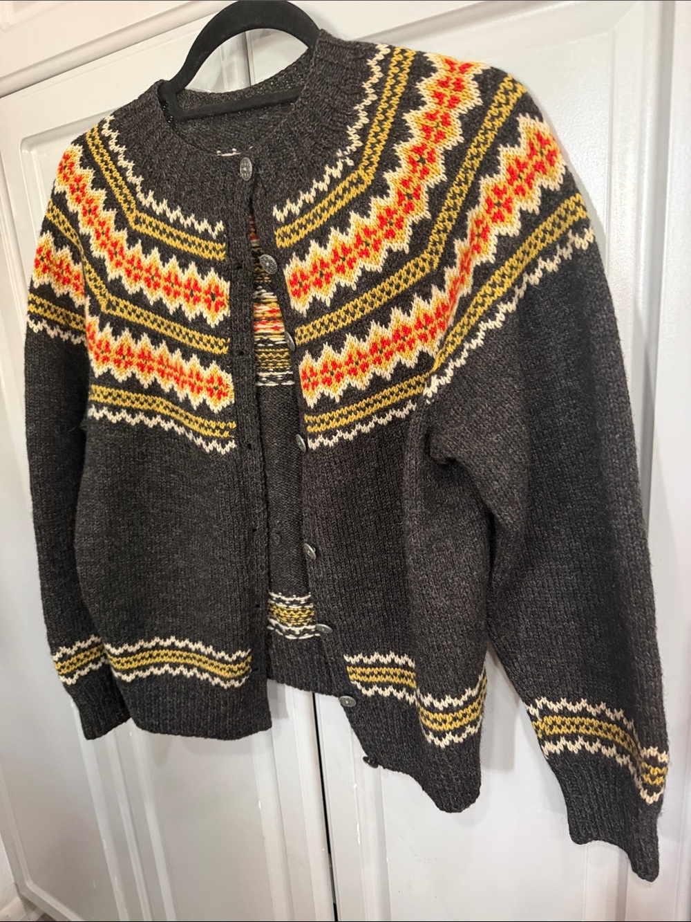 Womens Charcoal Fair Isle Lambs Wool Cardigan Sweater - Brown/Yellow/Red